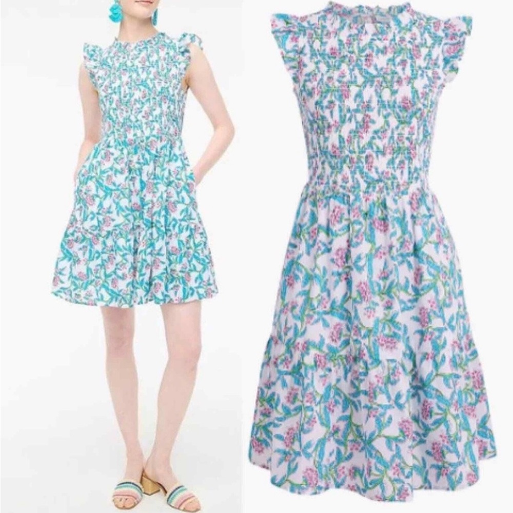 J. Crew Factory Smocked Ruffle-Sleeve Sundress in Teal and Pink